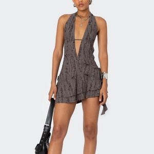 Shredded Backless Halter Mini Dress